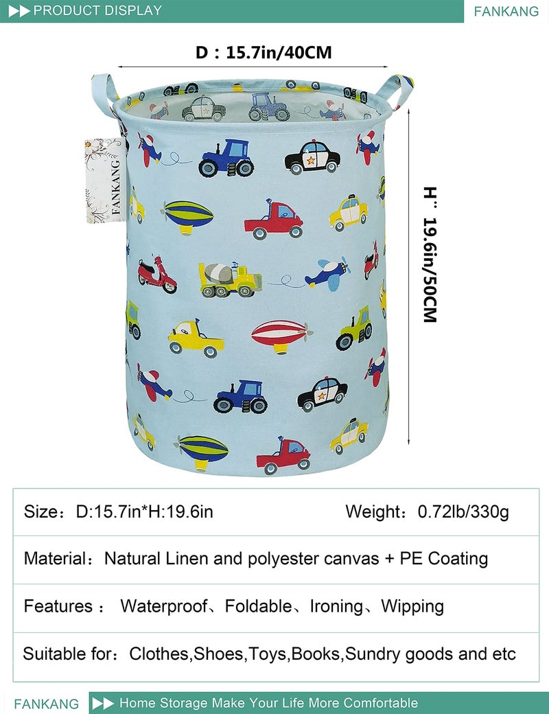 FANKANG Storage Basket, Nursery Hamper Canvas Laundry Basket Foldable with Waterproof PE Coating Large Storage Baskets for Kids Boys and Girls, Office, Bedroom, Clothes,Toysï¼ˆCarï¼‰ - Image 2